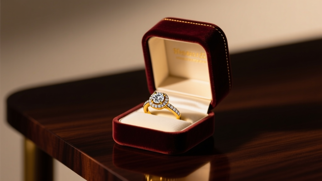 Velvet box revealing a custom 18k yellow gold and diamond engagement ring on a dark mahogany table under soft, warm studio lighting
