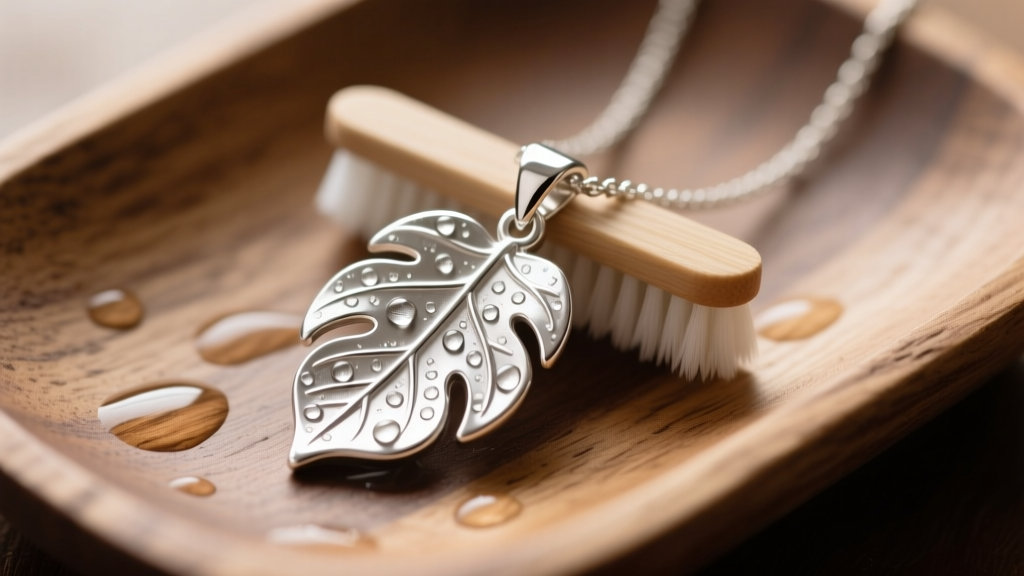 Sterling silver Maile leaf pendant necklace gently brushed with a soft toothbrush in warm soapy water on a rustic wooden tray.