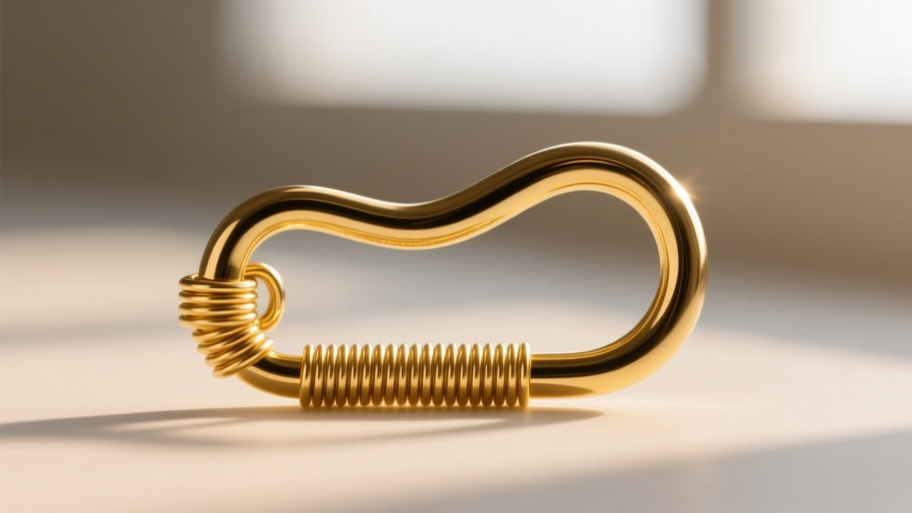 Macro photo of a 16-gauge gold French wire clasp, focusing on wire thickness and the precise tension of the curved hook mechanism.