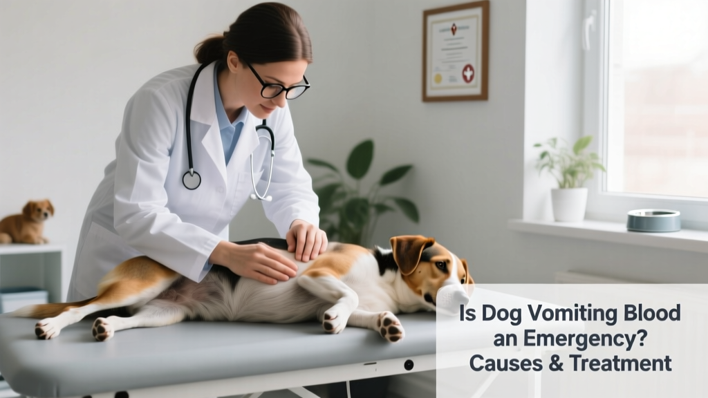 Veterinarian performing gentle abdominal palpation on a calm dog during an exam