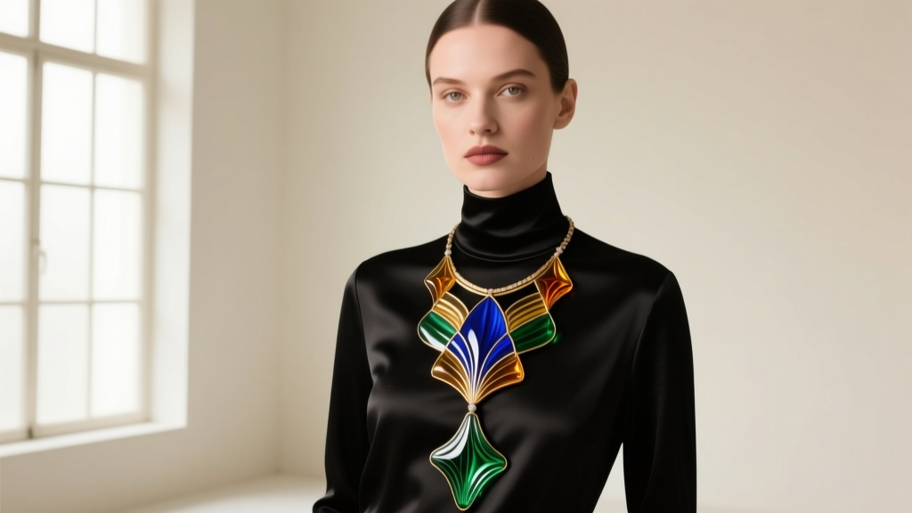 A woman wearing a long, layered Murano glass art deco pendant necklace over a black silk turtleneck, soft studio lighting.