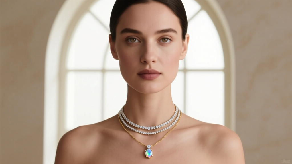 A woman wearing a delicate white gold opal station necklace layered with a diamond solitaire, captured in soft natural window light.