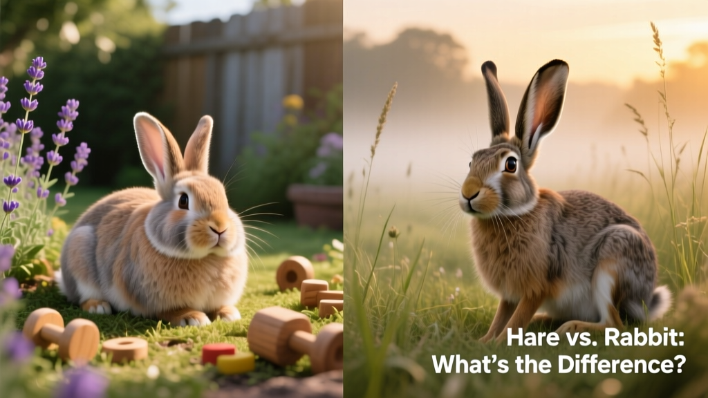 Side-by-side comparison showing a domestic rabbit and a wild hare in natural settings