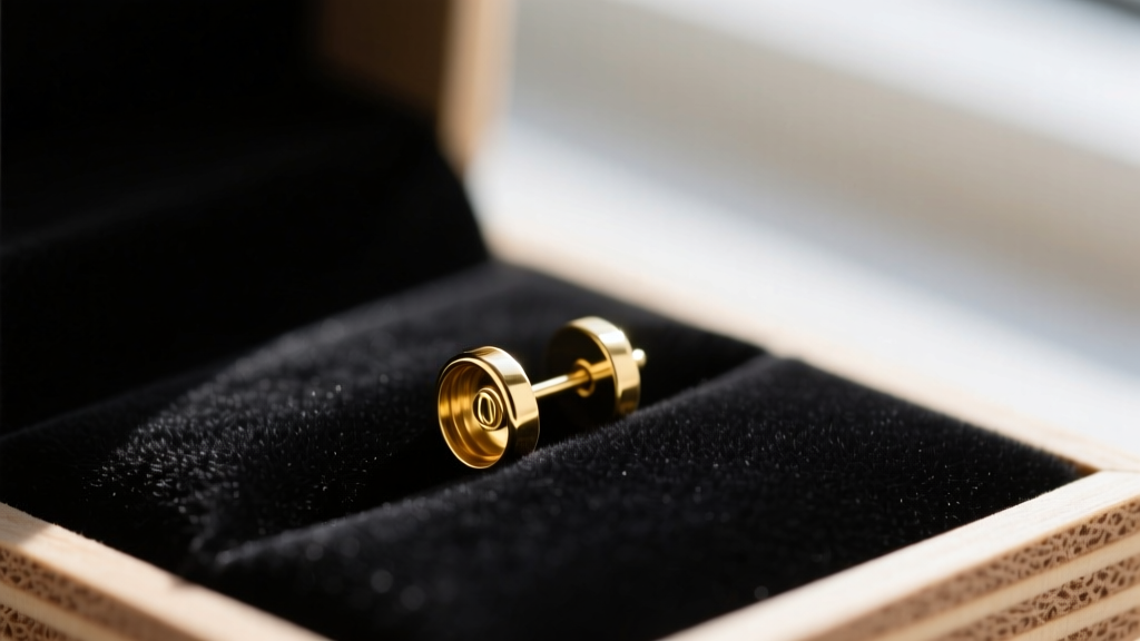 Macro shot of a 20-gauge gold earring post in a velvet-lined MDF board slot highlighting the snug fit and dark anti-tarnish fabric