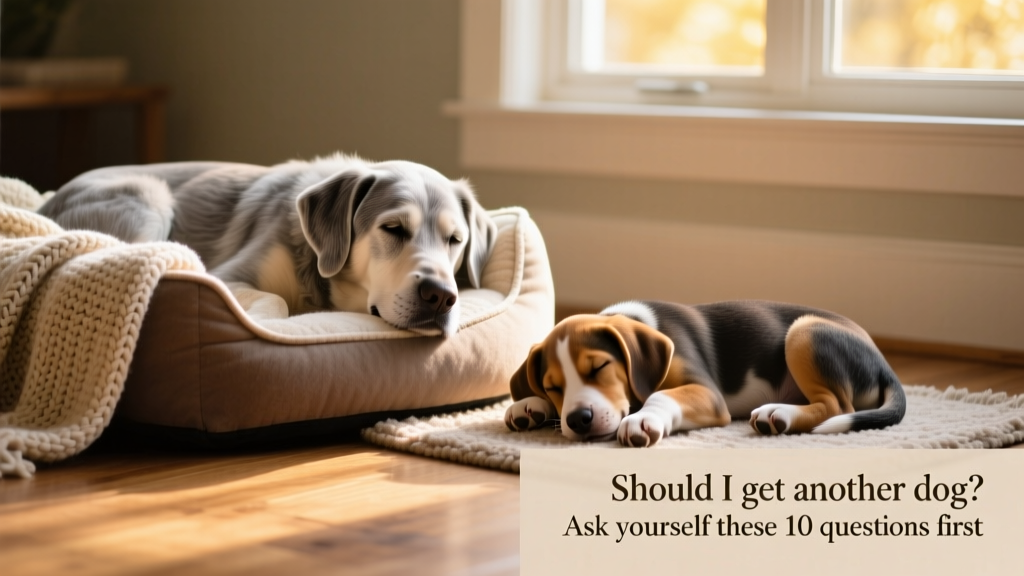A calm, senior dog resting peacefully beside a cozy dog bed while a young, relaxed pup naps nearby