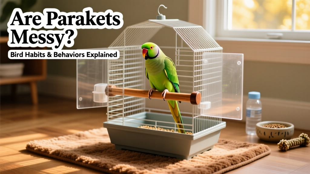 A cheerful parakeet perched in a well-organized cage with a protective rug underneath and wall shields installed
