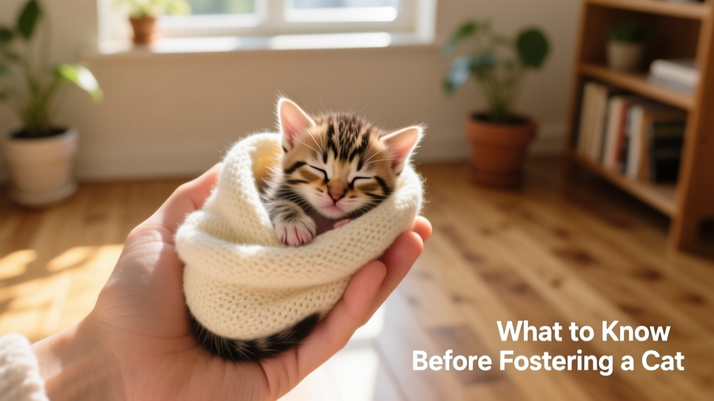 A gentle hand holding a tiny neonatal kitten wrapped in a soft blanket