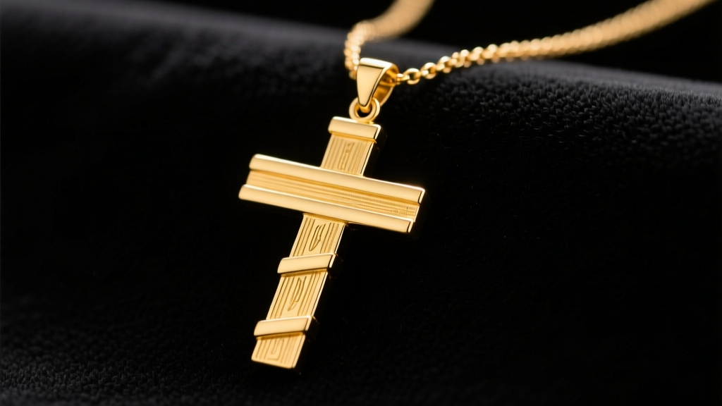 A polished 14k yellow gold papal cross necklace with three horizontal bars resting on dark velvet under soft lighting.