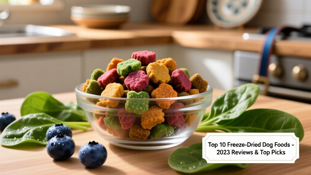 Close-up of colorful freeze-dried dog food nuggets in a glass bowl beside fresh blueberries and spinach