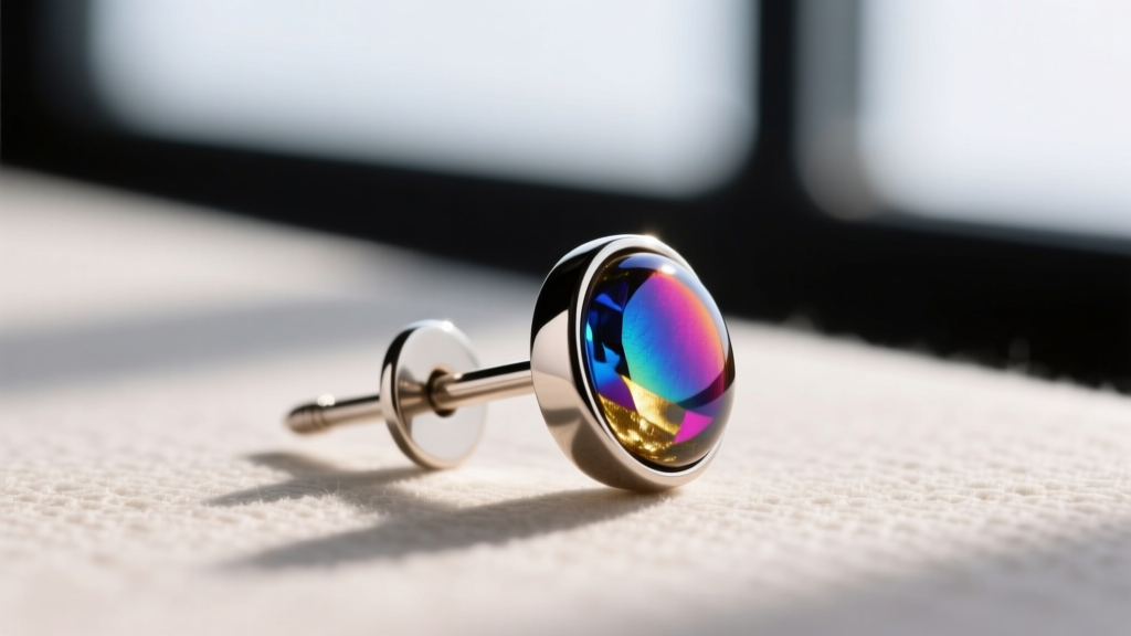 Close-up of an 18-gauge titanium post with a flat back, securely attached to a small kiln-fired dichroic glass cabochon earring.