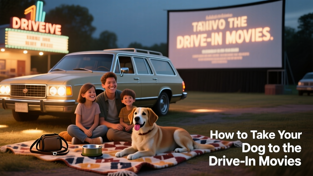 Family sitting on blankets in front of their car at a drive-in, dog resting calmly beside them with a travel bowl and leash nearby