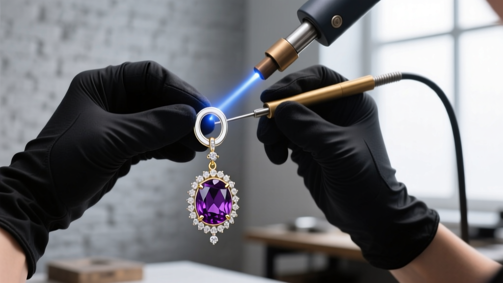 Jeweler using a laser welder to secure a 14k white gold jump ring on an articulated amethyst and diamond dangle earring