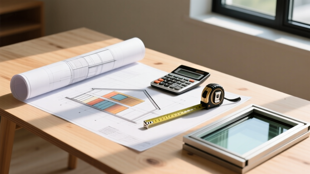 Architectural blueprints spread on a plywood table next to a calculator, tape measure, and modern energy-efficient window samples