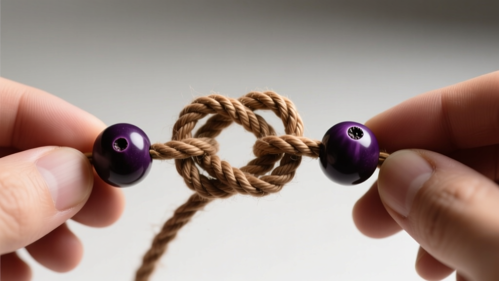 Hands tying a sliding square knot on a 1.5mm natural brown hemp cord, flanked by dark purple acai seed beads in soft natural light