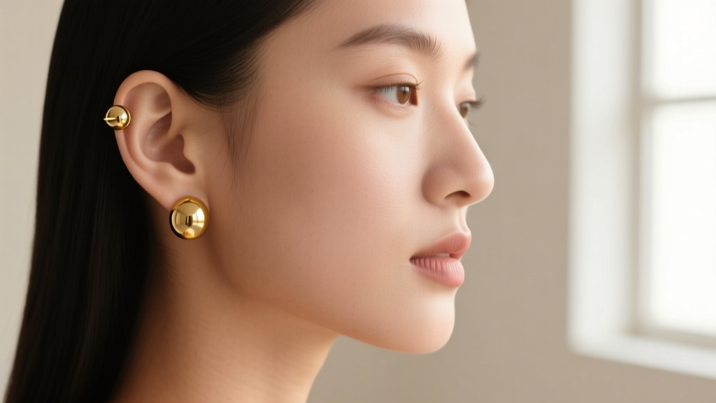 Side profile of a woman with an ear stack featuring a 5mm gold ball helix stud and a 12mm hollow gold ball drop lobe earring.