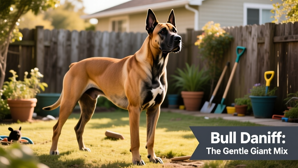 A young Bull Daniff standing confidently in a sunlit backyard, showing its muscular build and short, glossy coat