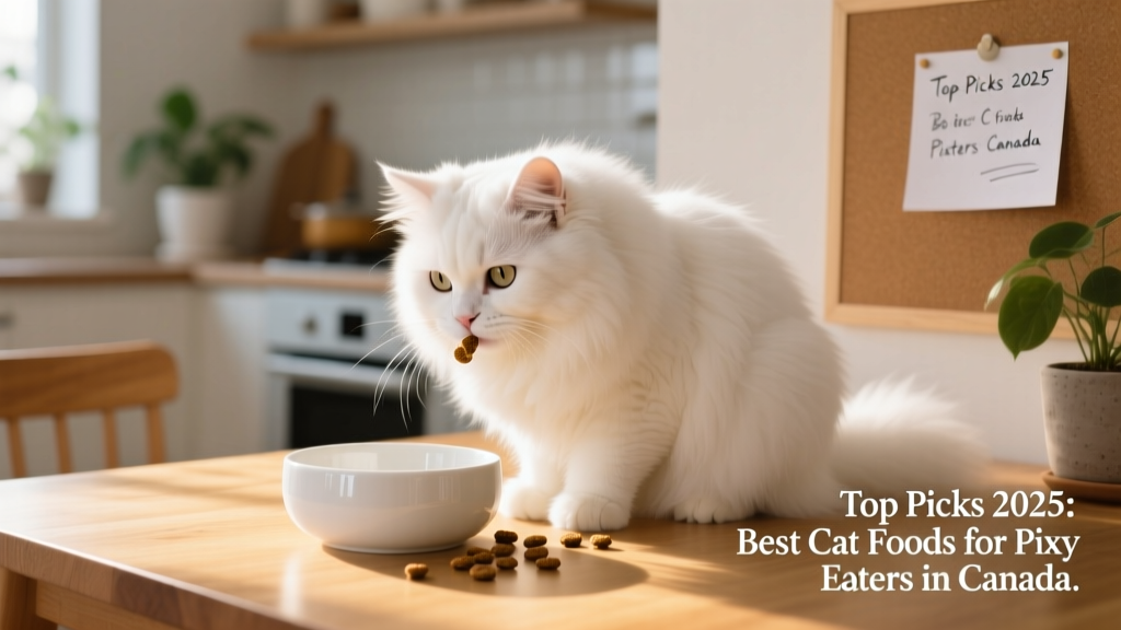 A white plump cat sitting beside a clean ceramic bowl, delicately sniffing kibble