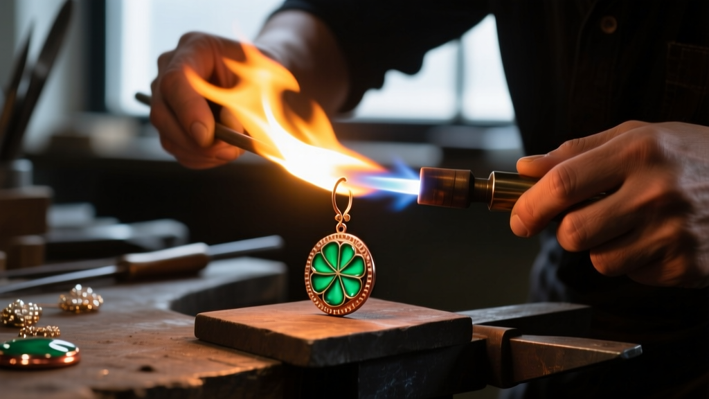 Artisan firing vitreous enamel on a copper peppermint earring base, bright torch flames illuminating a dim jewelry workbench.
