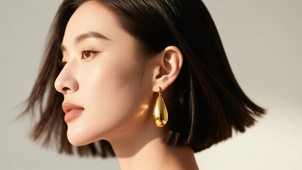 Side profile of a person with an asymmetrical bob, showing a single heavy gold drop earring on one ear while the other side is tucked back