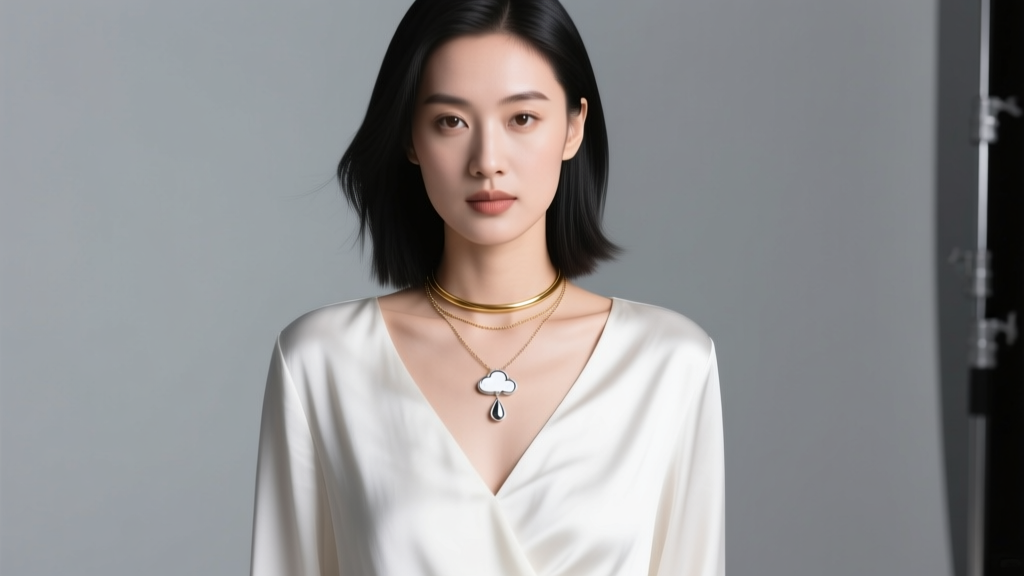 Woman in white V-neck silk top wearing a delicate cloud and raindrop necklace layered with a simple gold choker, studio lighting.
