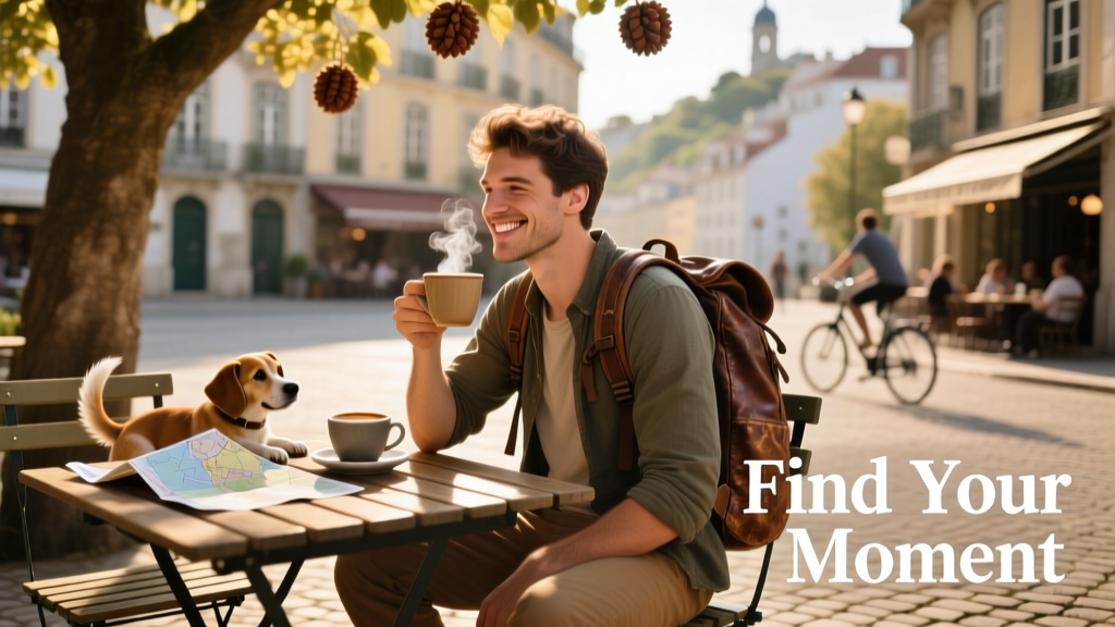 A solo traveler smiling while enjoying coffee at a sunlit outdoor café in a European city