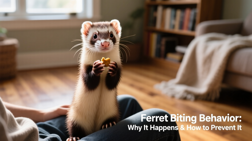 A ferret sitting upright on a lap, holding a small treat in its paws, looking alert and engaged