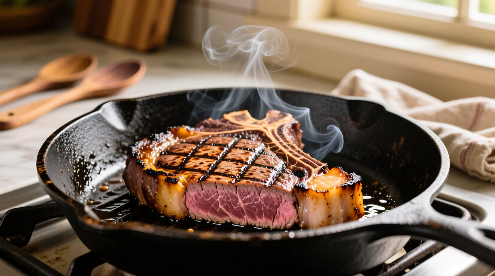 Perfectly seared steak on cast-iron skillet