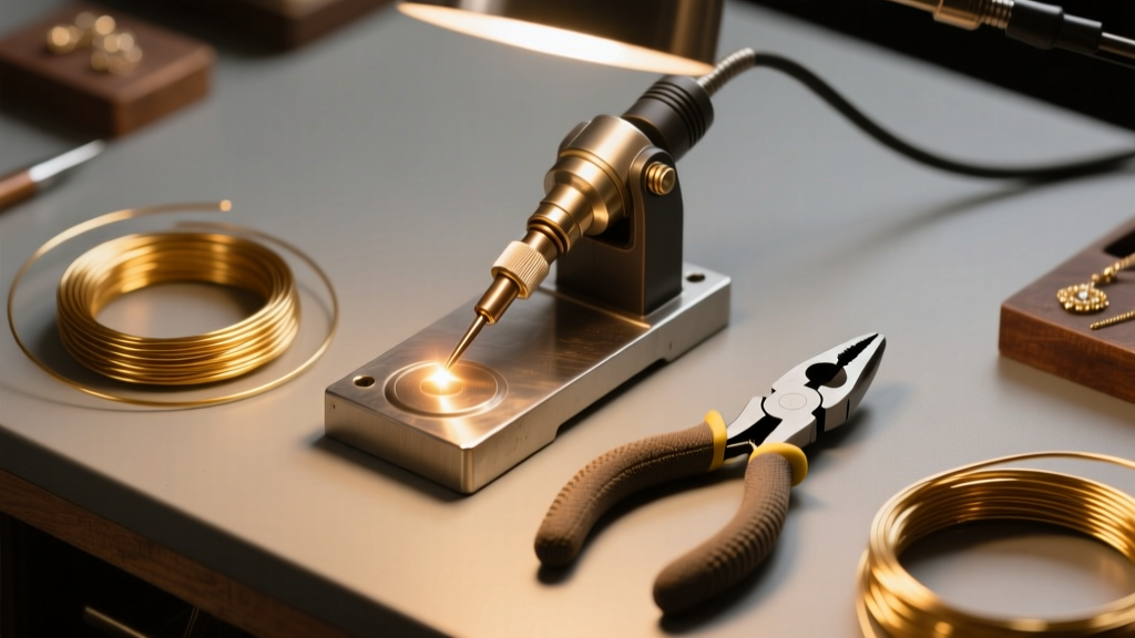 Top-down view of a jeweler bench with a micro-welder, ergonomic nylon pliers, and coiled brass wire under warm studio lighting