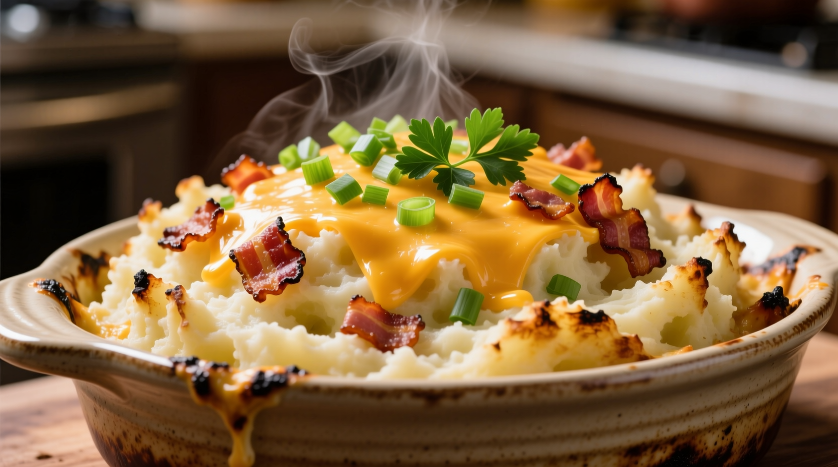 Creamy loaded mashed potatoes with bacon and cheddar