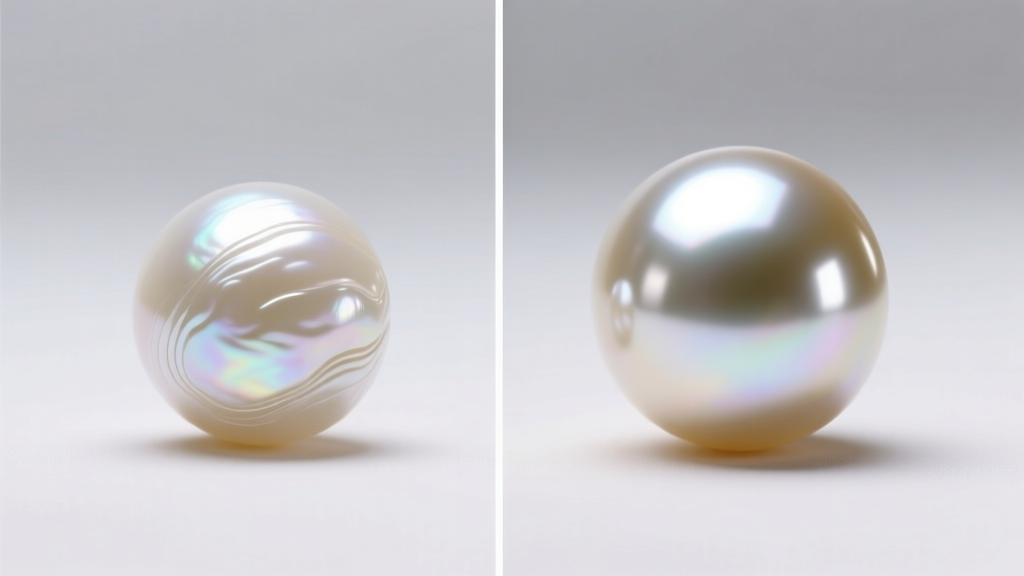 Side-by-side macro comparison of 4mm freshwater and Akoya pearls, highlighting differences in nacre depth and surface reflection