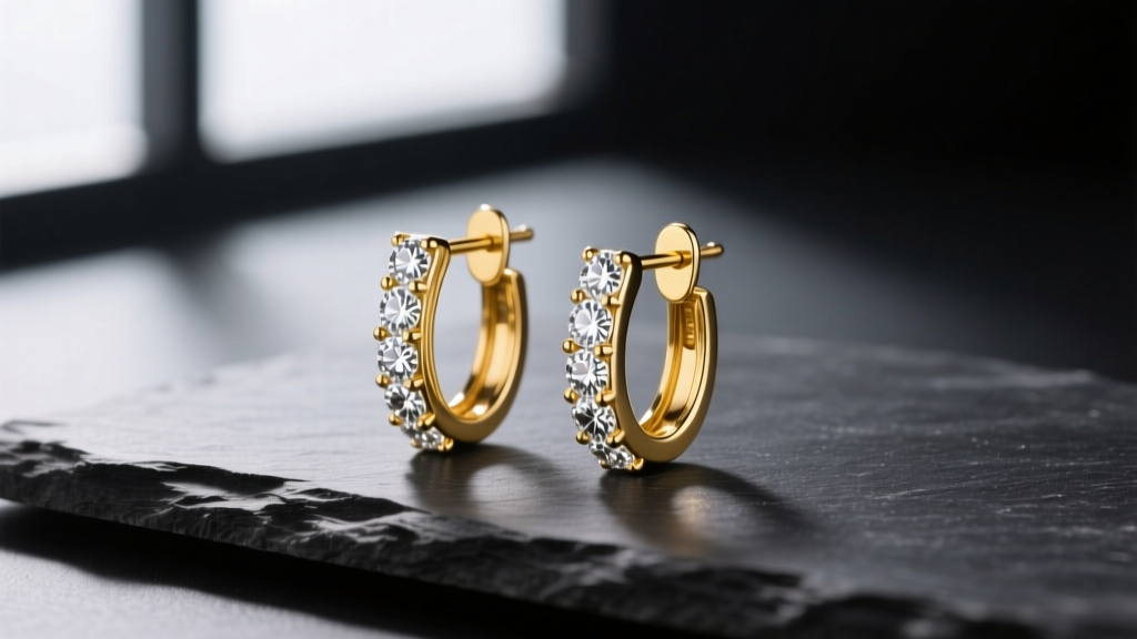 14k yellow gold leverback earrings with 0.25ctw SI1 round diamonds resting on dark slate under soft directional lighting.
