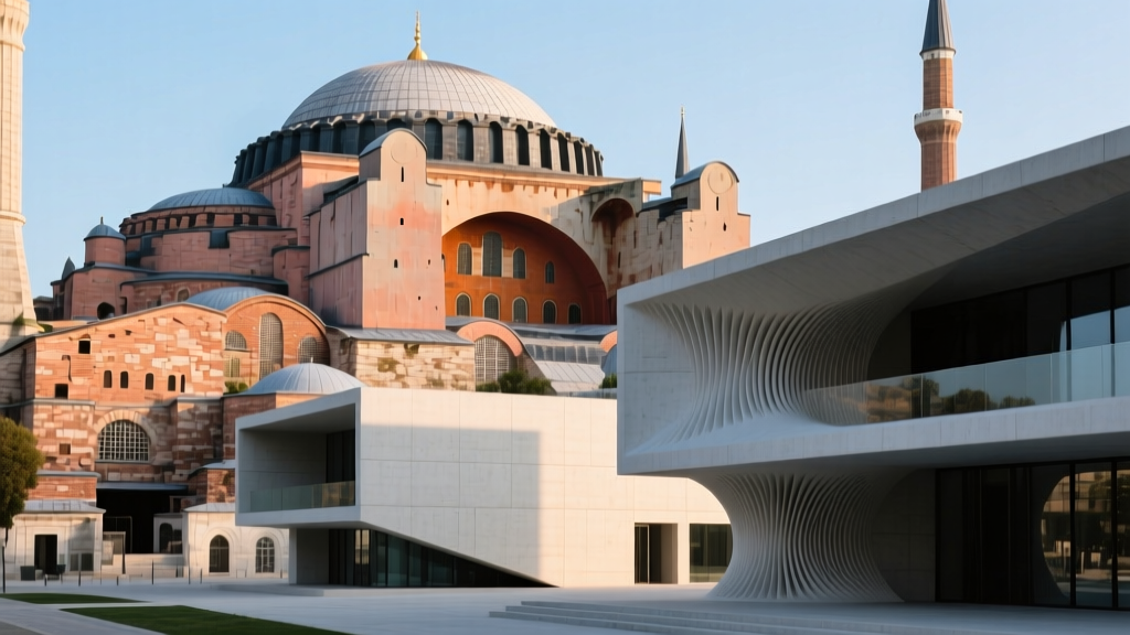 Hagia Sophia brick dome and thick pozzolanic mortar joints contrasted with modern 3D printed geopolymer concrete structures