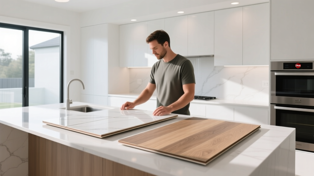 Homeowner comparing large format porcelain tile samples and luxury vinyl plank samples on a modern white kitchen island countertop