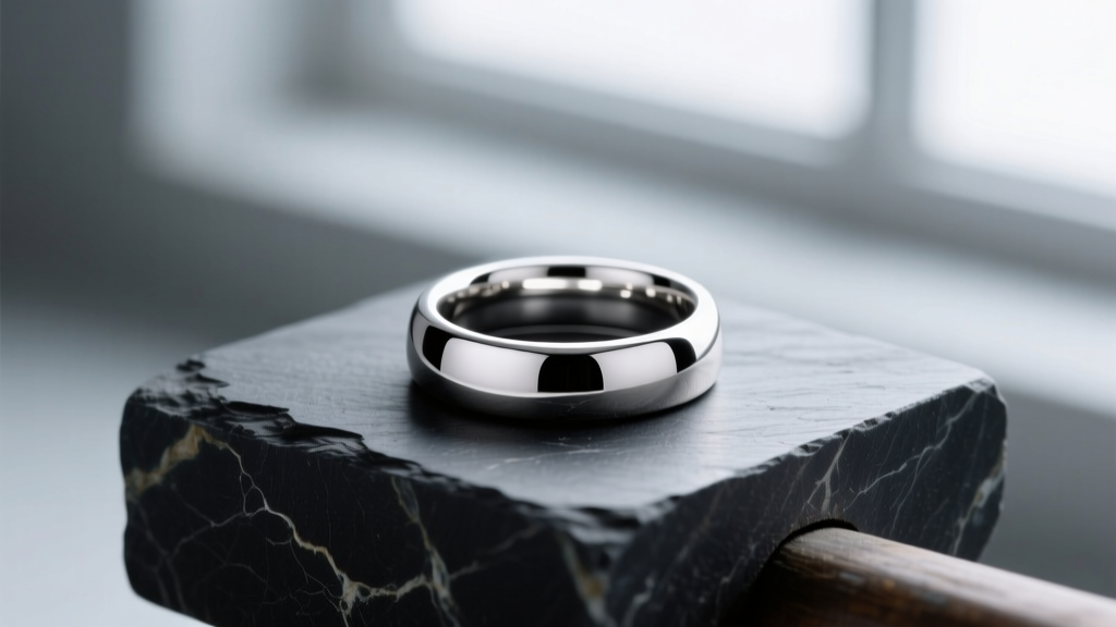 Close-up of a polished 925 sterling silver ring base with a flat 10mm pad, resting on a dark slate jeweler bench block.