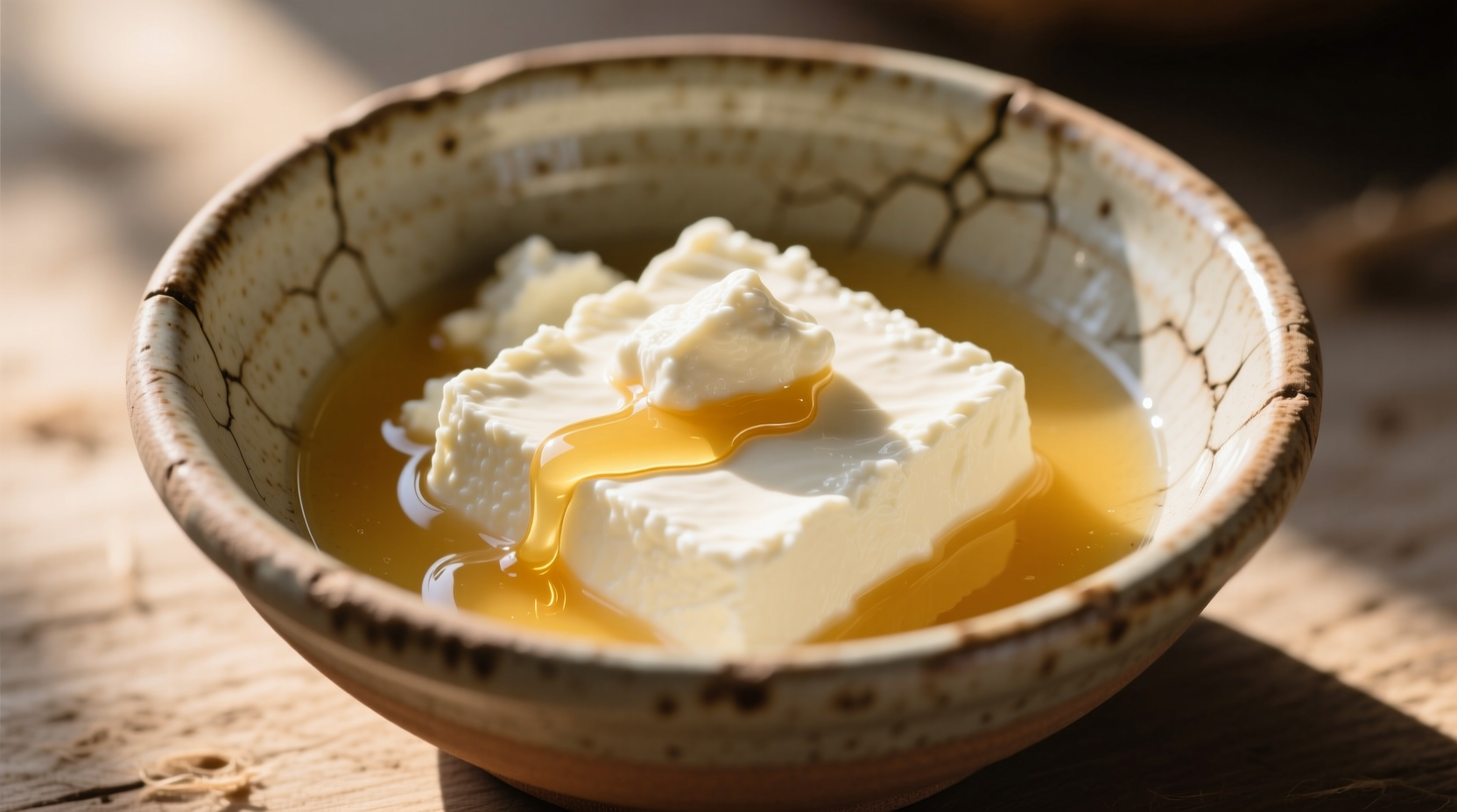 Fresh curds and whey in traditional ceramic bowl