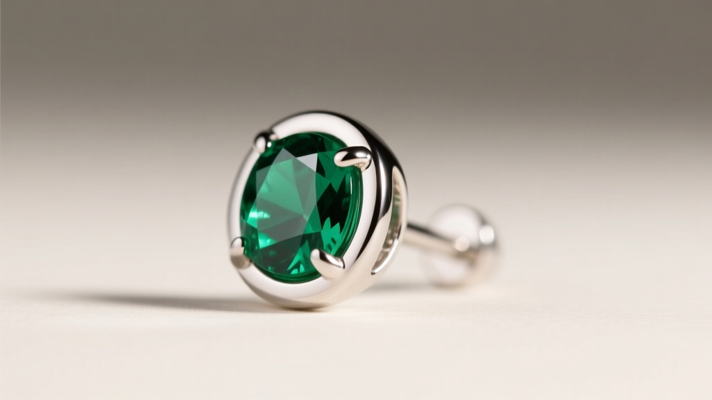 Side view of a platinum bezel-set emerald stud earring, showing a seamless metal rim protecting the fragile corners of a green gem.