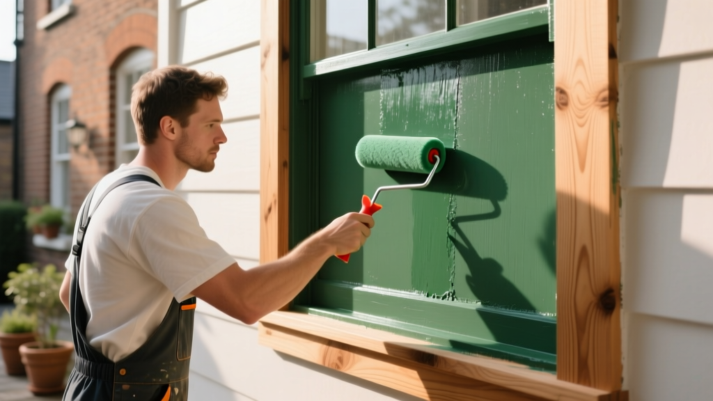 Professional painter applying waterborne alkyd enamel to a primed cedar exterior window frame using a high-density foam roller