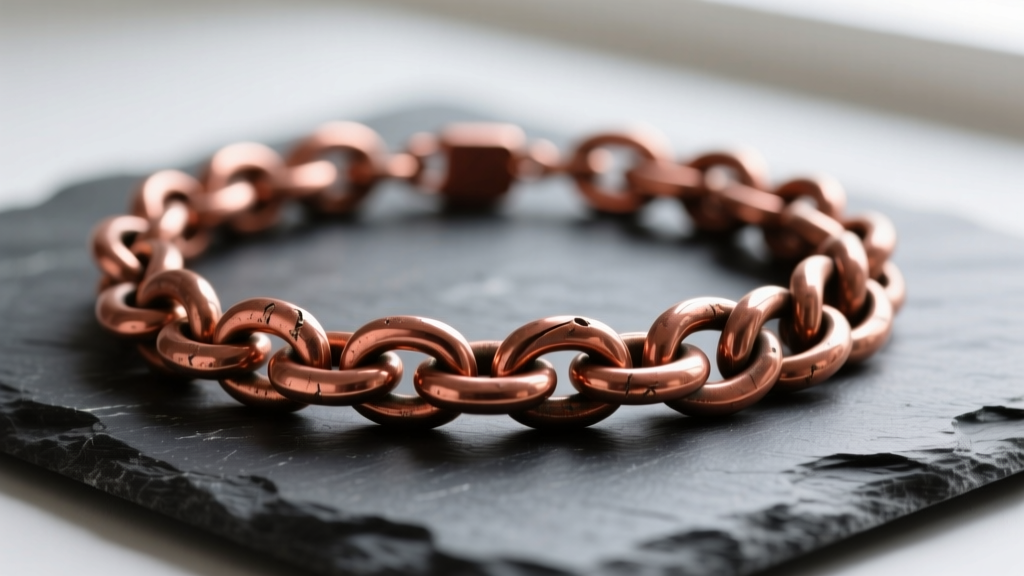 Macro shot of a thick solid copper Cuban link necklace on dark slate, showing warm reddish-brown luster and heavy links.