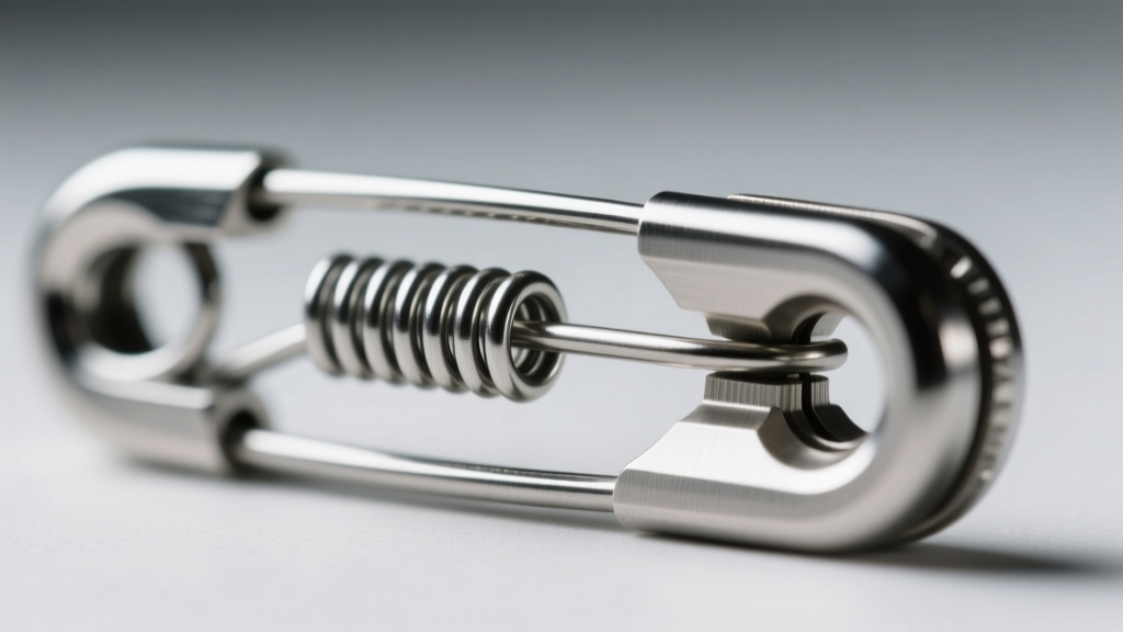 Extreme close-up of an 18-gauge surgical steel safety pin clasp mechanism, highlighting the tension coil and secure locking cap.
