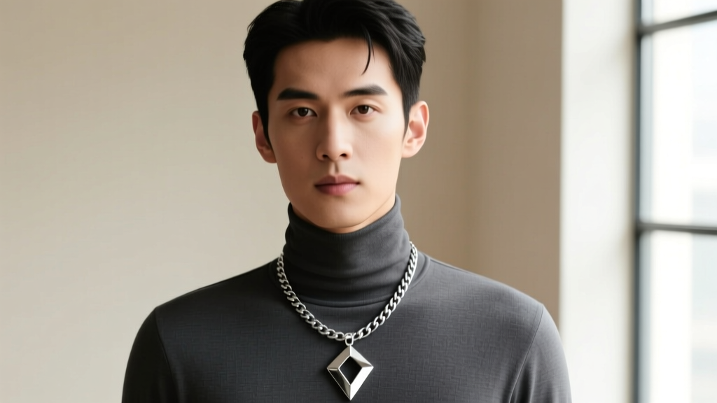 Front portrait of a stylish man in a charcoal turtleneck wearing a thick sterling silver curb chain with a geometric pendant.