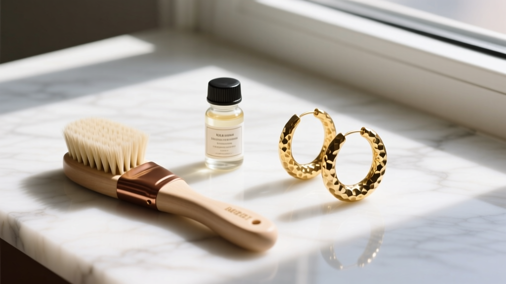 Flat lay of a soft bristle brush, mild jewelry cleaner, and a pair of artisan gold hammered hoops resting on white marble