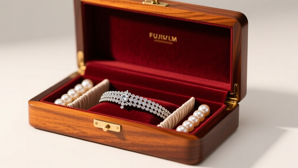 Velvet-lined mahogany jewelry box displaying a diamond bracelet and pearls, separated by padded dividers under warm, soft lighting
