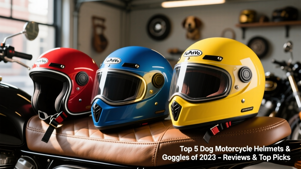 Side-by-side comparison of three FurPetVo dog helmets in different sizes and colors, placed on a clean leather motorcycle seat