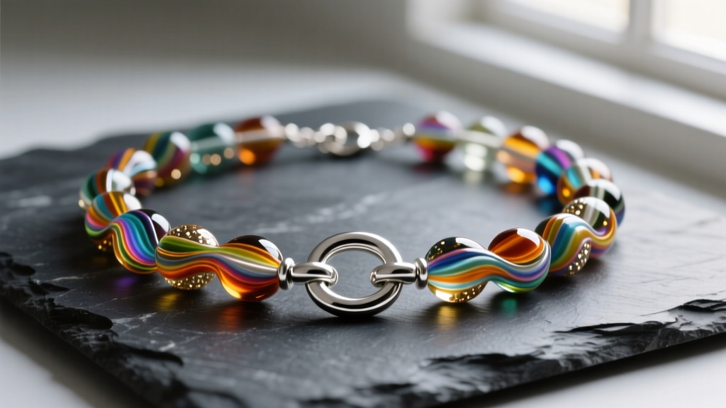Handmade necklace with beads on dark slate, showcasing a secure sterling silver toggle clasp and vibrant lampwork glass beads