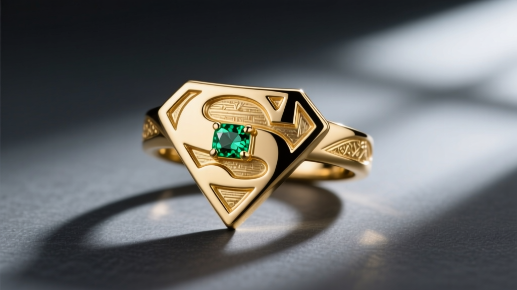 Close-up of minimalist 18k gold Superman S-shield ear cuff with lab-created emerald accent, shot on dark slate background.