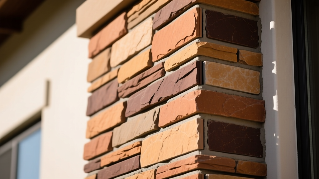 Close-up of Eldorado stacked stone veneer panels in rustic earth tones installed on an exterior feature wall with mortar joints