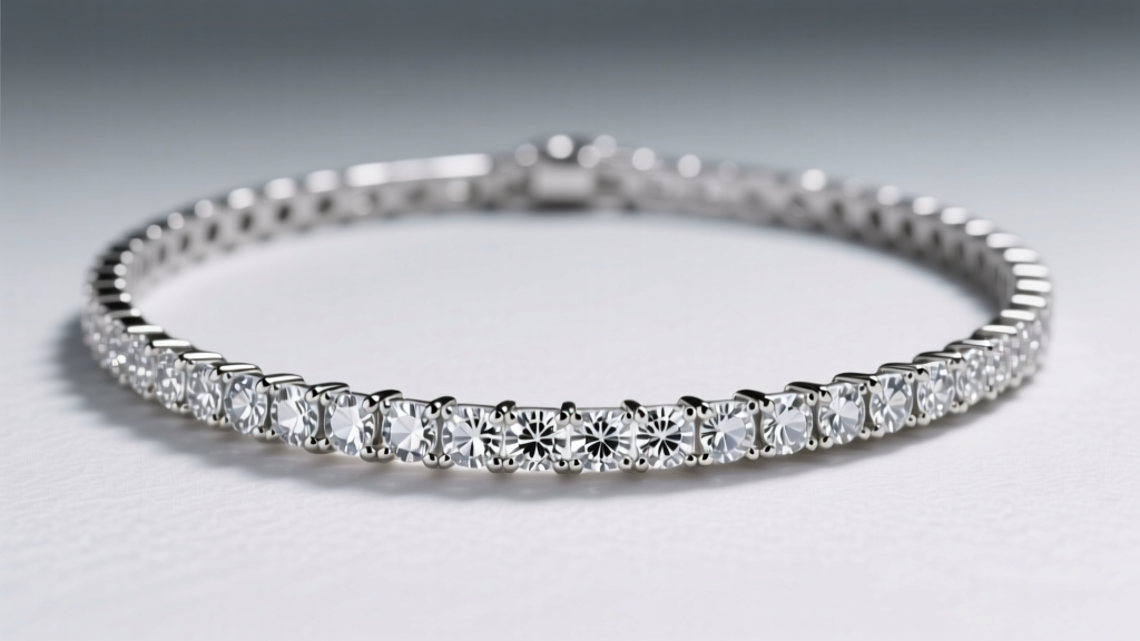 Profile view of a diamond tennis necklace with flush bezel settings in platinum, capturing the seamless metal-to-stone transition.