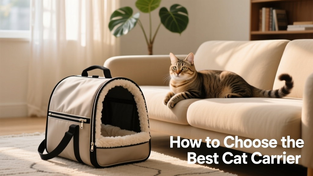 A soft-sided carrier bag with sherpa lining and top zipper, placed beside a relaxed cat on a sofa