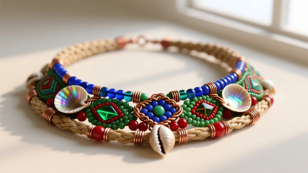Close-up of a vintage ethnographic pygmy necklace featuring Venetian glass trade beads, cowrie shells, and copper wire on raffia