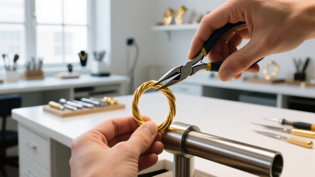 Hands using nylon pliers to reshape a bent 18-gauge gold twisted hoop on a steel mandrel in a bright, organized jewelry workshop.